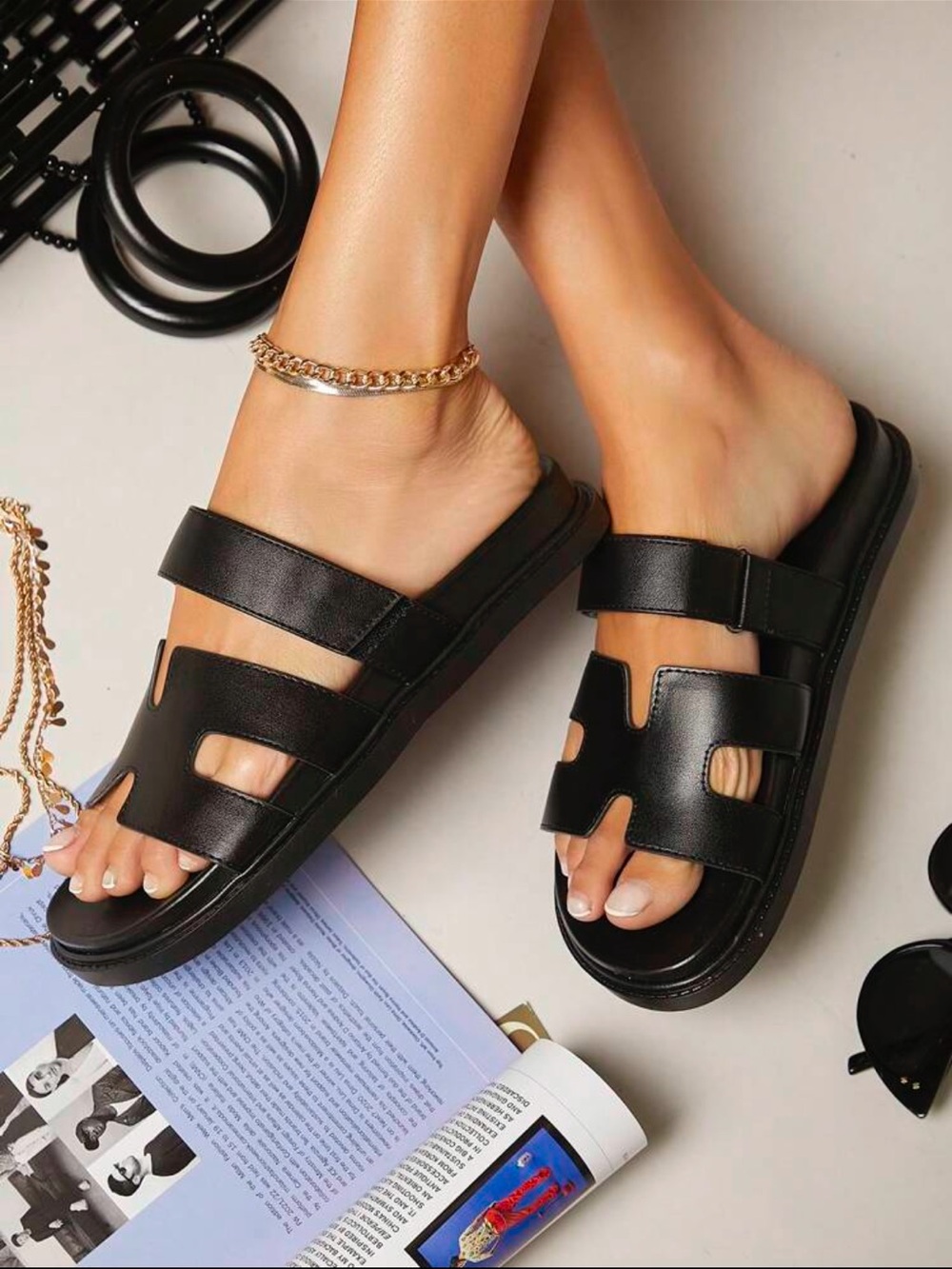 Black Double-Strap Slide Sandals